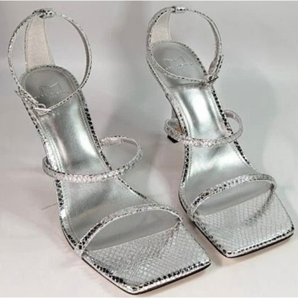 Marc Fisher LTD Dalida Silver Snakeskin‎ Square Toe Strappy Heeled Sandals 6.5M
